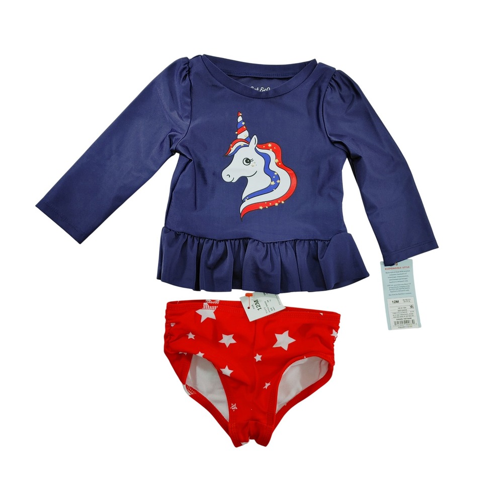 Cat Jack Toddler Girls Navy Unicorn Swimsuit‎ Rash Guard Bikini Set 12M